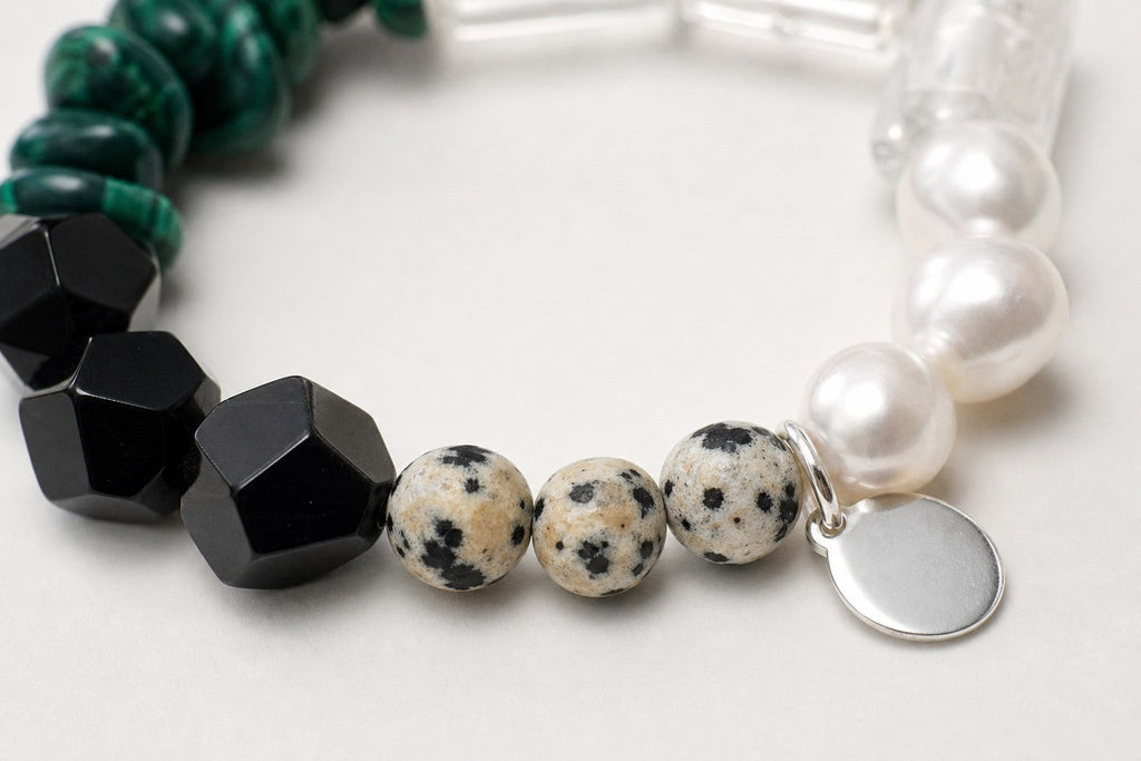 Clear Quartz & Malachite & Agate Bracelet – Faceted, Sterling Silver — close-up showing stone, pearl and sterling silver details