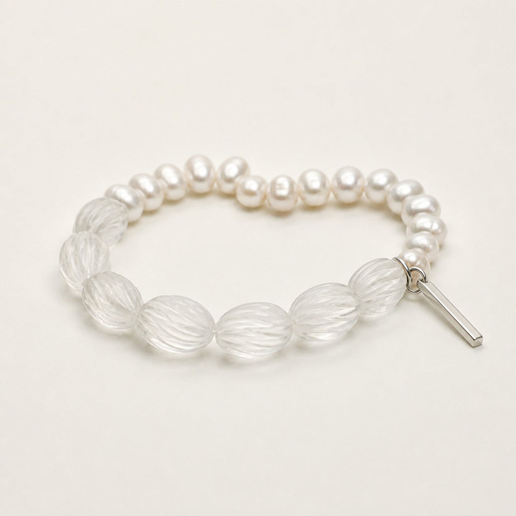 Clear Quartz & Seed Pearl Bracelet – Seed Bead, Sterling Silver — alternate angle showing bracelet structure and clasp