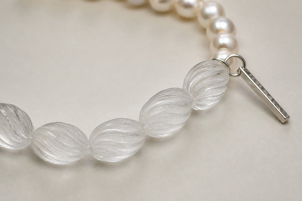 Clear Quartz & Seed Pearl Bracelet – Seed Bead, Sterling Silver — close-up showing stone, pearl and sterling silver details
