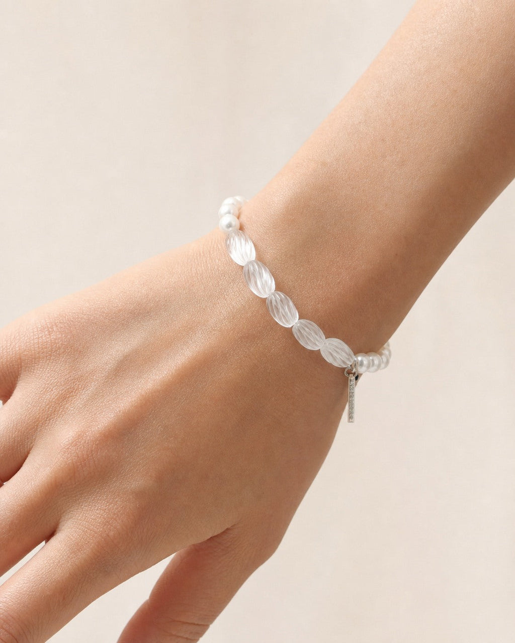 Clear Quartz & Seed Pearl Bracelet – Seed Bead, Sterling Silver — model wearing view showing bracelet scale and fit