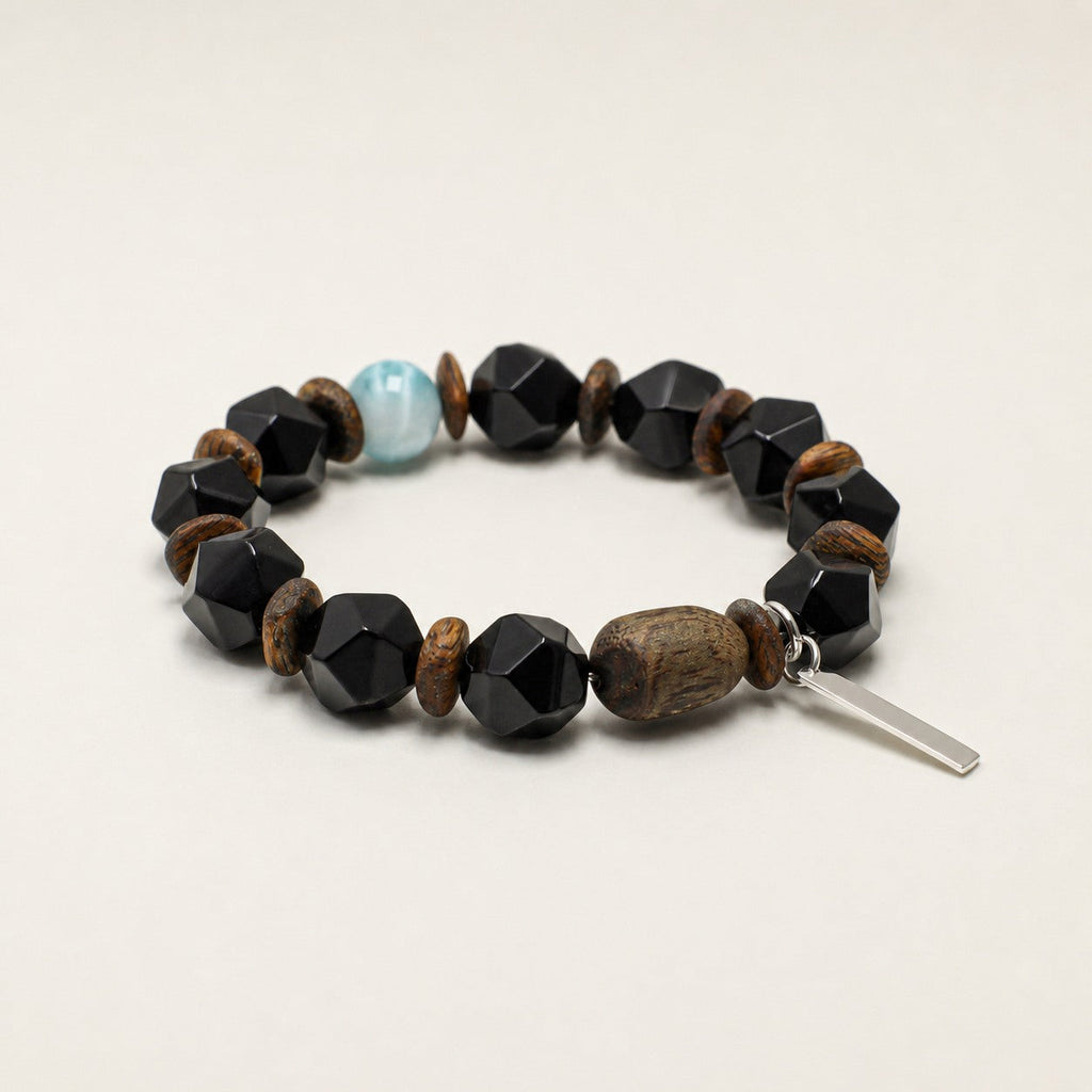 Agate & Agarwood Bracelet – Faceted, Sterling Silver — alternate angle showing bracelet structure and tag