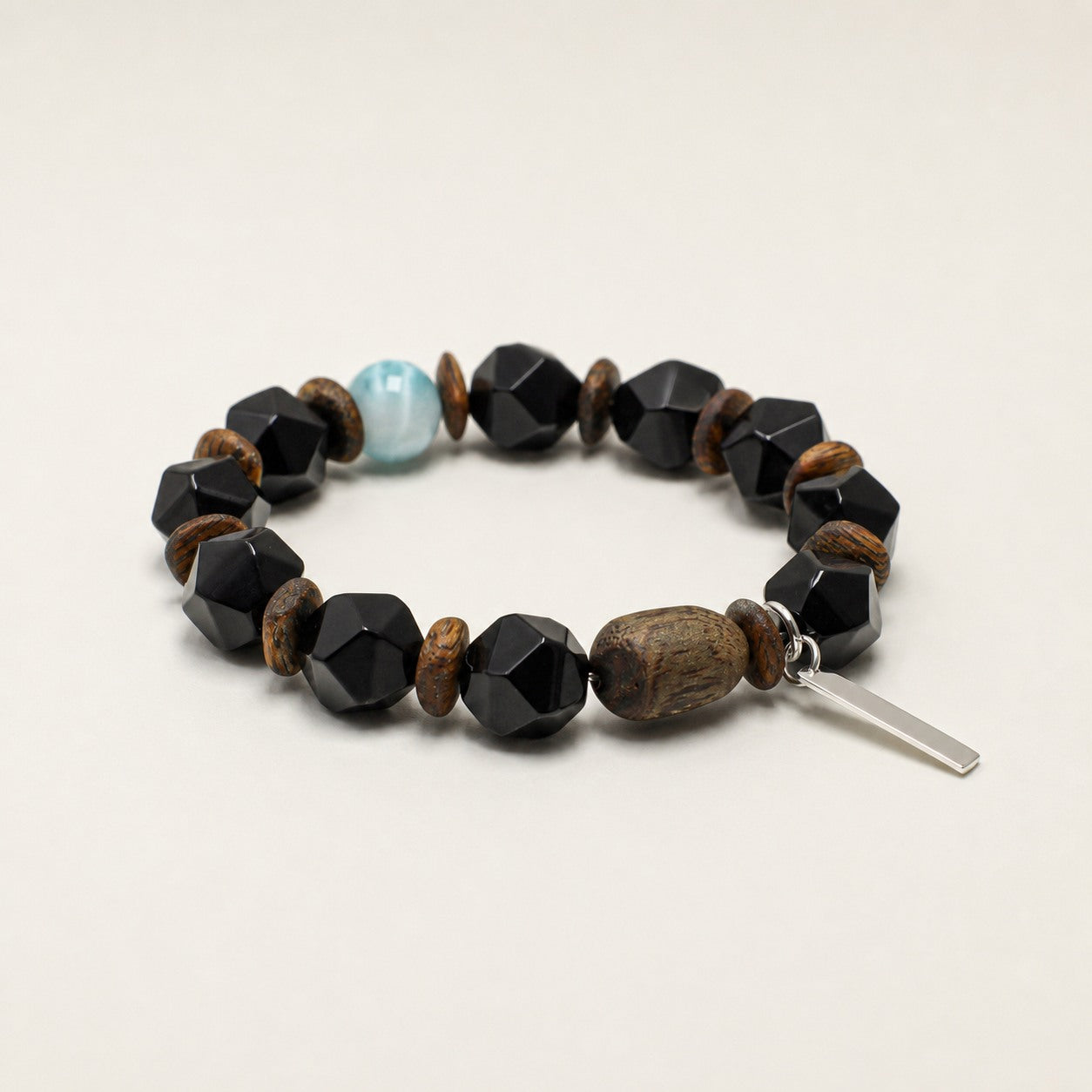 Agate & Agarwood Bracelet – Faceted, Sterling Silver — alternate angle showing bracelet structure and tag