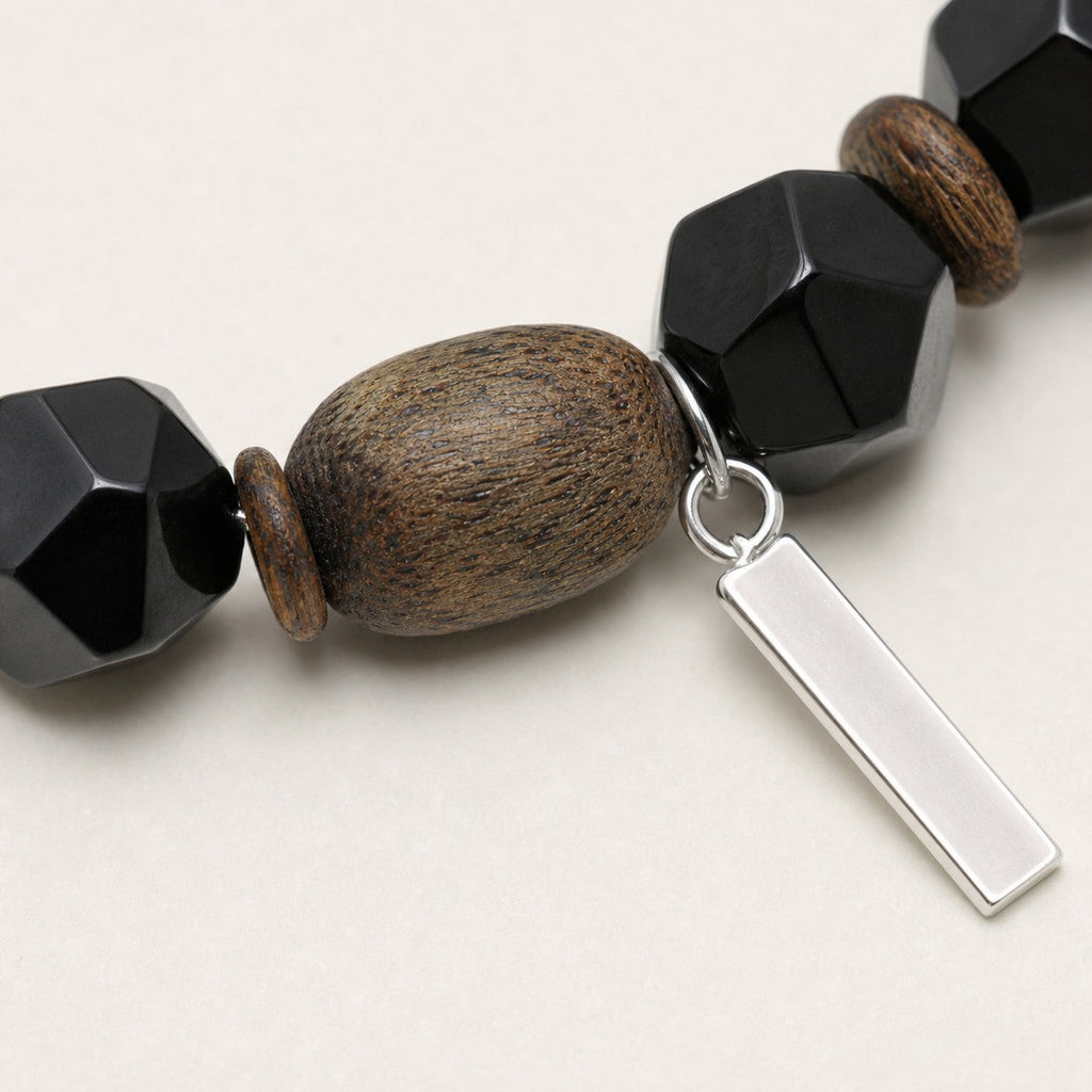 Agate & Agarwood Bracelet – Faceted, Sterling Silver — close-up showing agate, agarwood and silver details