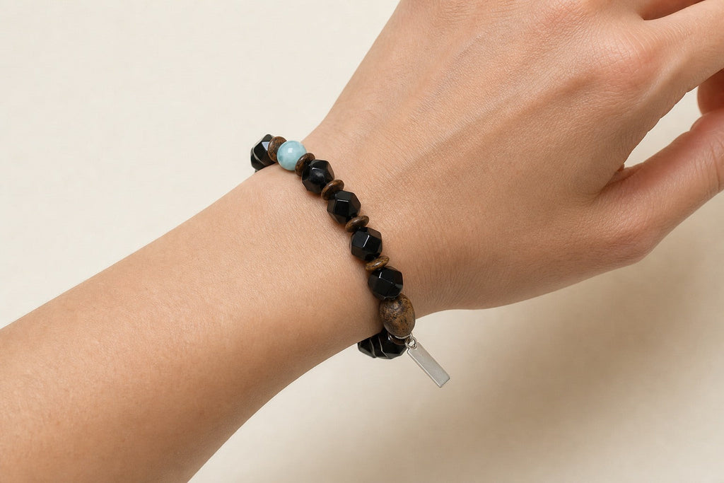 Agate & Agarwood Bracelet – Faceted, Sterling Silver — model wearing view showing bracelet scale and fit