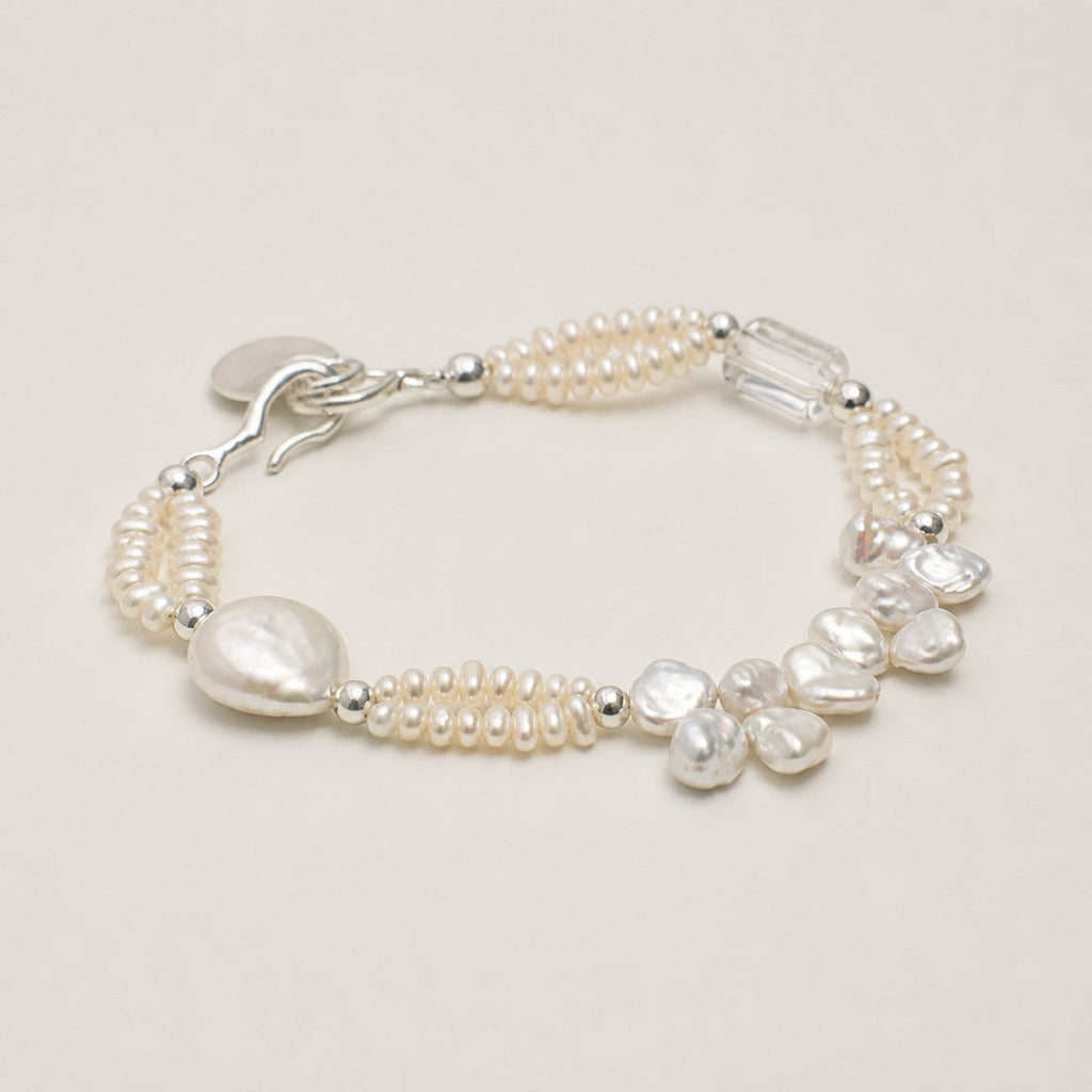 Clear Quartz & Baroque Pearl Bracelet – Drop, Sterling Silver — alternate angle showing bracelet structure and clasp