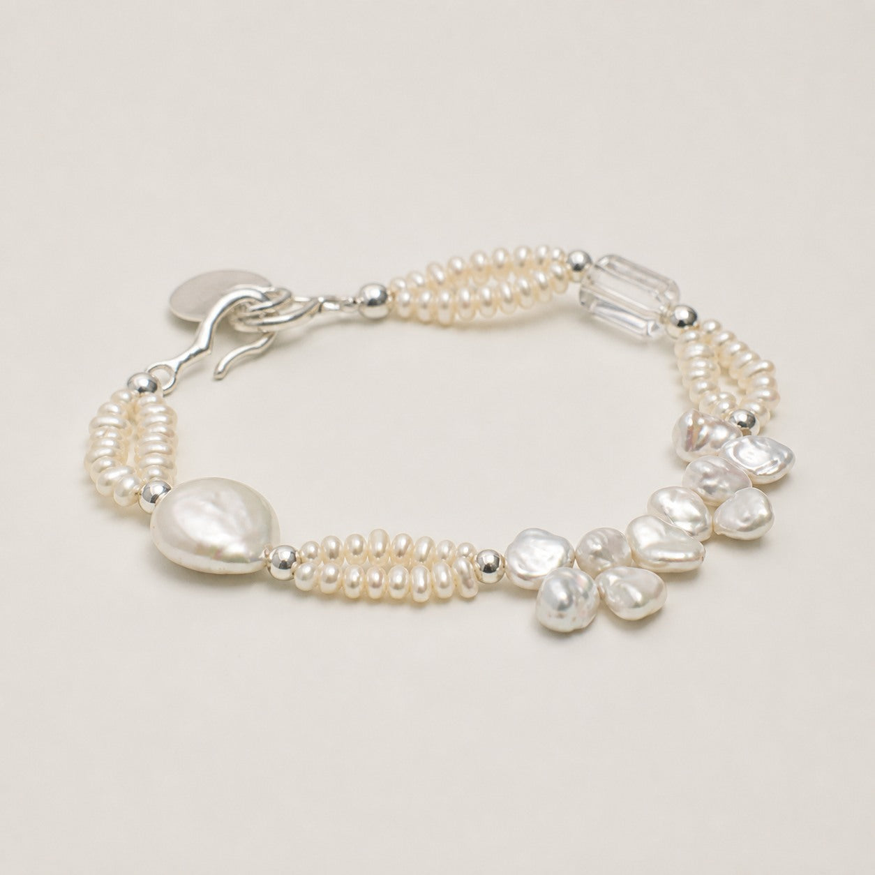 Clear Quartz & Baroque Pearl Bracelet – Drop, Sterling Silver — alternate angle showing bracelet structure and clasp
