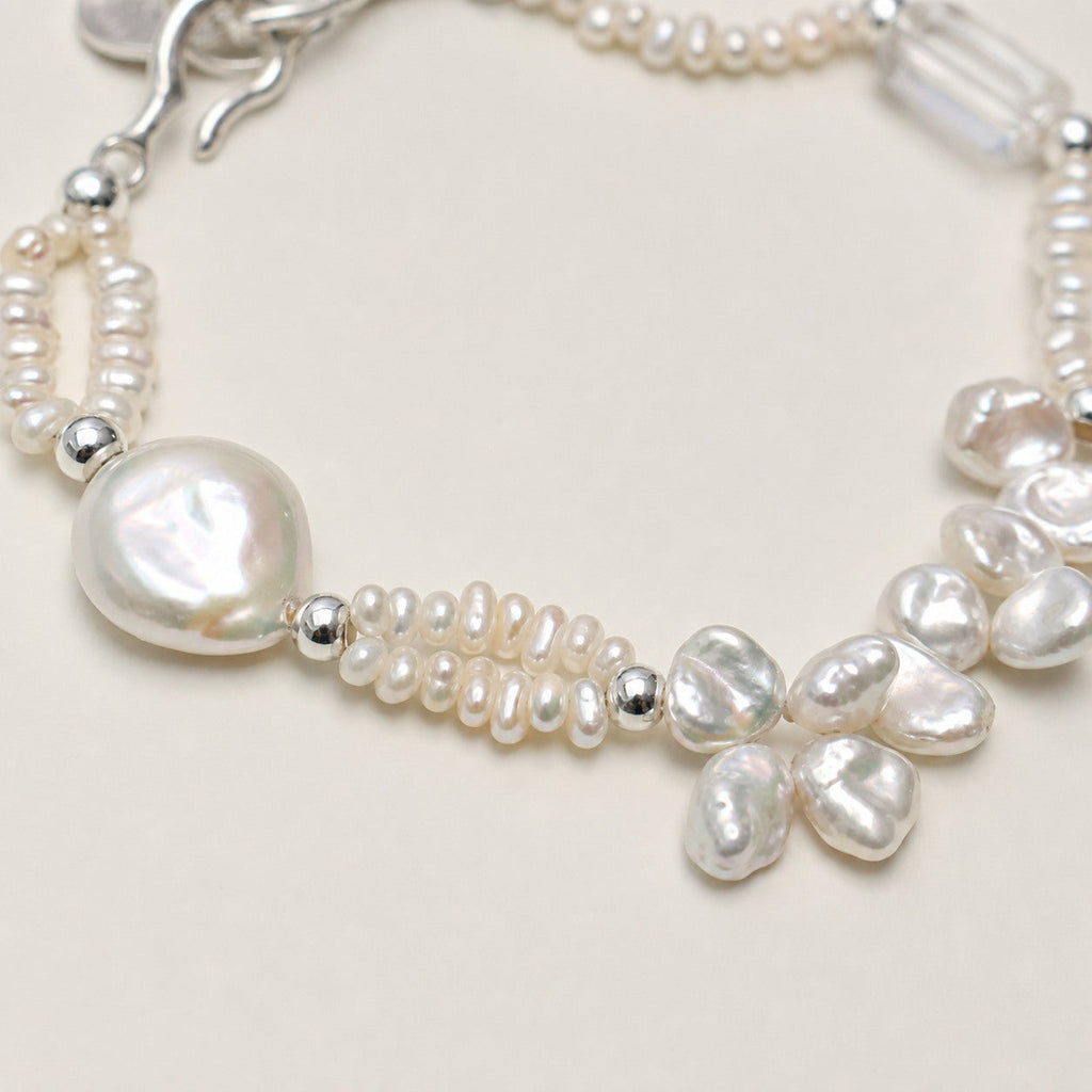 Clear Quartz & Baroque Pearl Bracelet – Drop, Sterling Silver — close-up showing stone, pearl and sterling silver details