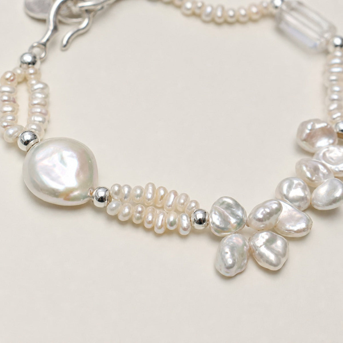 Clear Quartz & Baroque Pearl Bracelet – Drop, Sterling Silver — close-up showing stone, pearl and sterling silver details