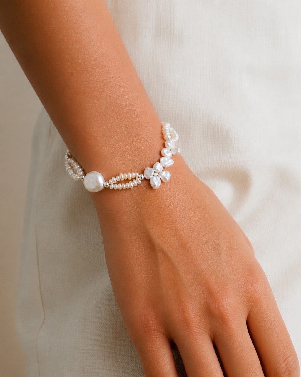 Clear Quartz & Baroque Pearl Bracelet – Drop, Sterling Silver — model wearing view showing bracelet scale and fit