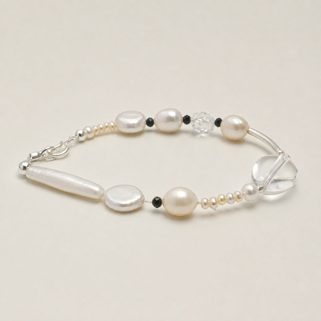 Clear Quartz & Black Tourmaline Bracelet – Drop, Sterling Silver — alternate angle showing bracelet structure and clasp