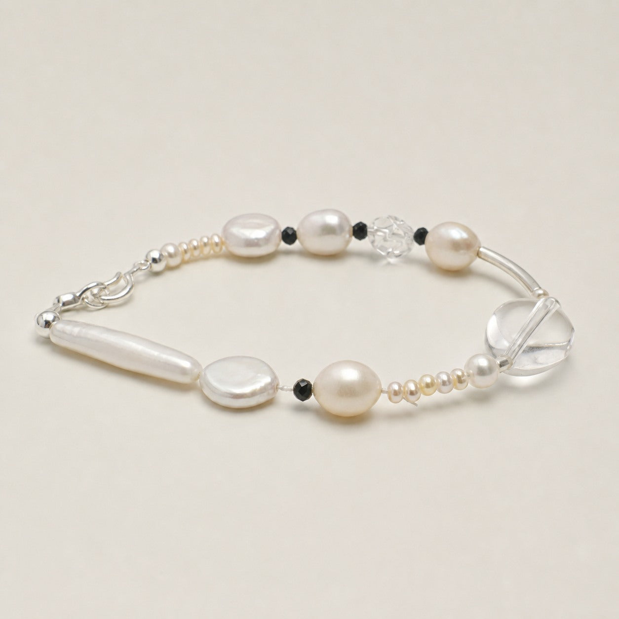 Clear Quartz & Black Tourmaline Bracelet – Drop, Sterling Silver — alternate angle showing bracelet structure and clasp