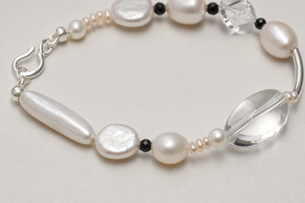 Clear Quartz & Black Tourmaline Bracelet – Drop, Sterling Silver — close-up showing stone, pearl and sterling silver details