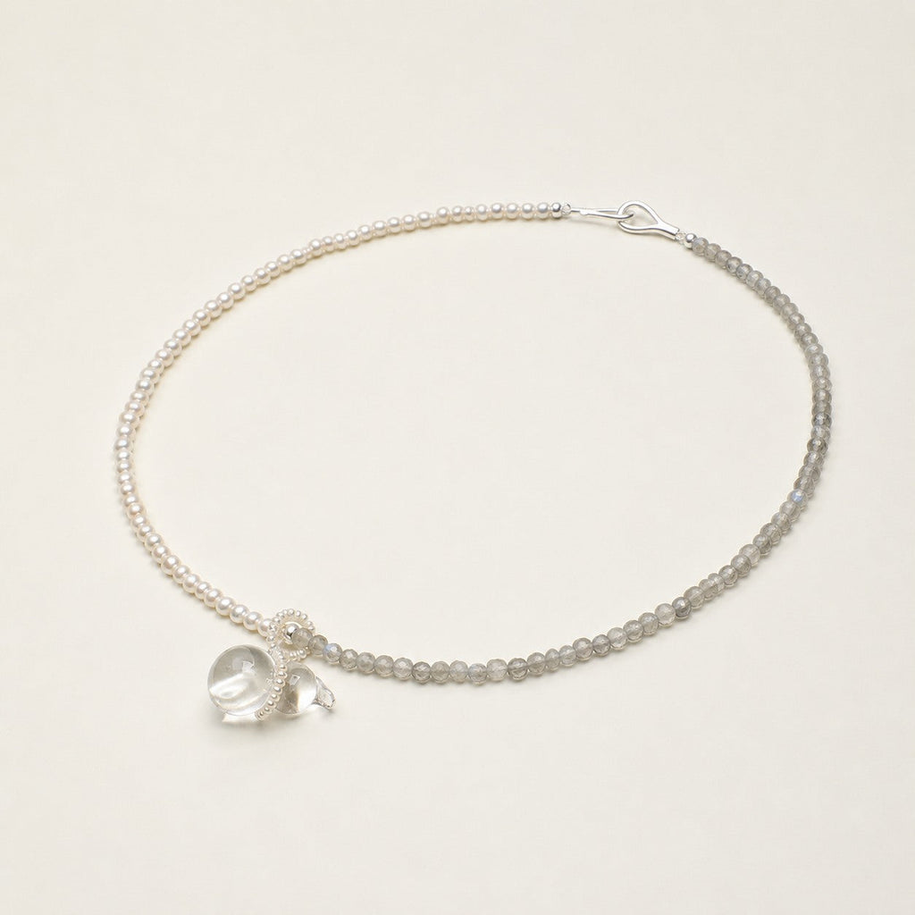 Clear Quartz & Moonstone & Pearl Necklace – Seed Bead, Sterling Silver — alternate angle showing necklace structure and findings