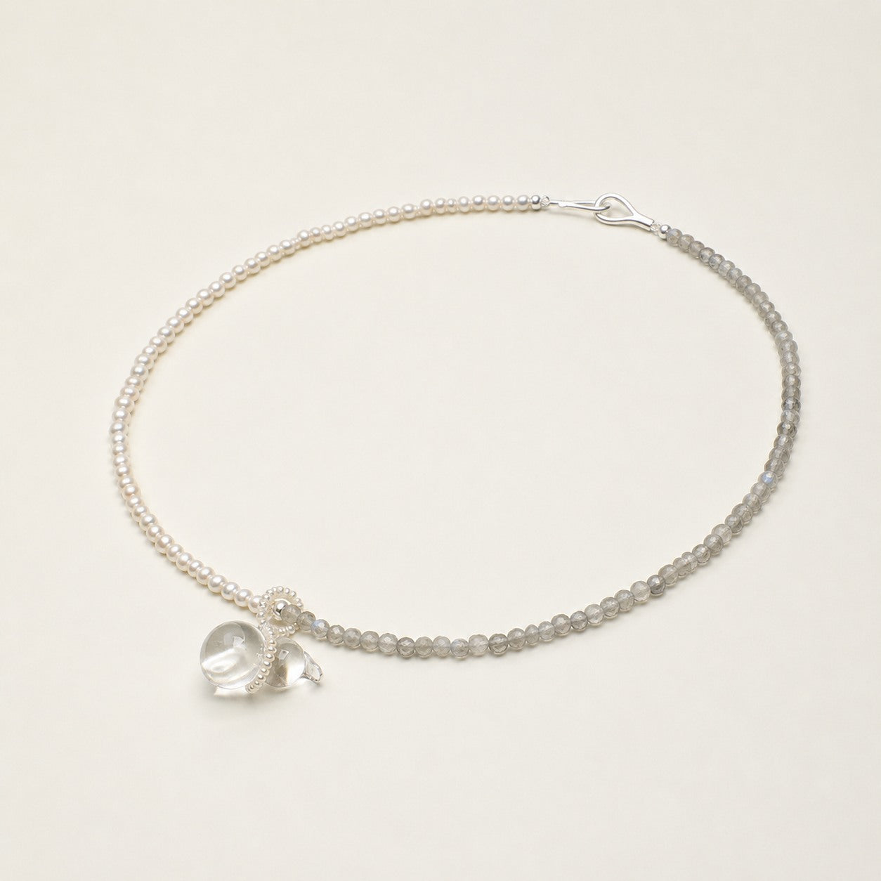 Clear Quartz & Moonstone & Pearl Necklace – Seed Bead, Sterling Silver — alternate angle showing necklace structure and findings