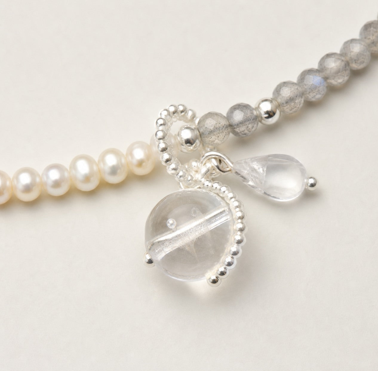 Clear Quartz & Moonstone & Pearl Necklace – Seed Bead, Sterling Silver — close-up showing stone, pearl and sterling silver details