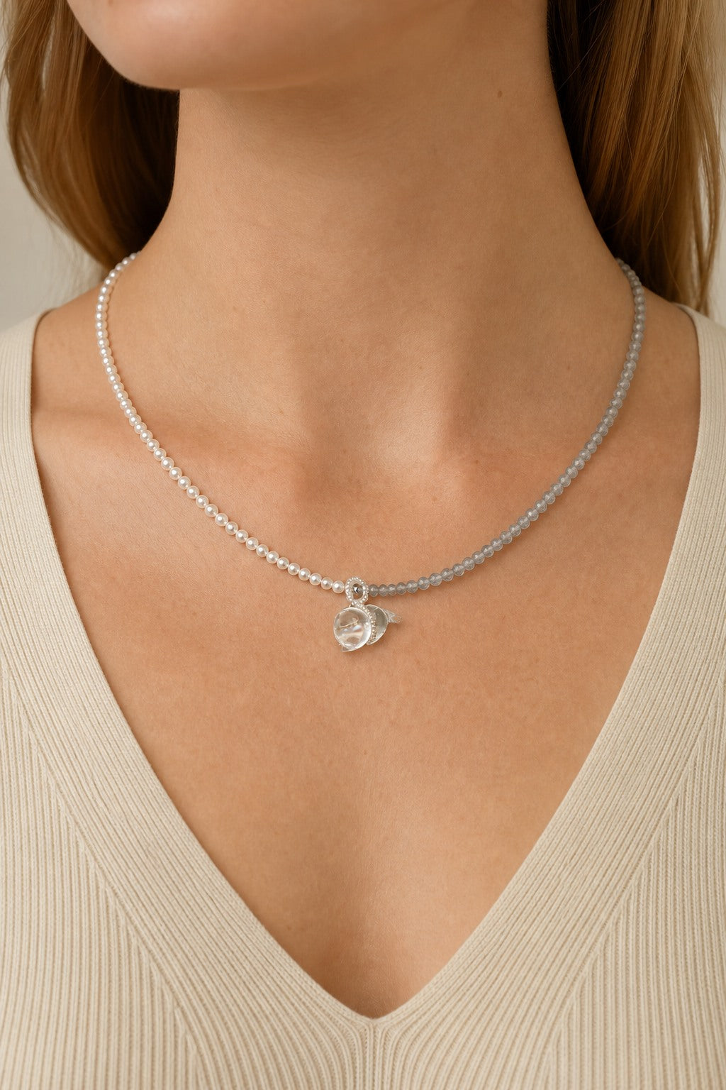 Clear Quartz & Moonstone & Pearl Necklace – Seed Bead, Sterling Silver — model wearing view showing necklace scale and fit