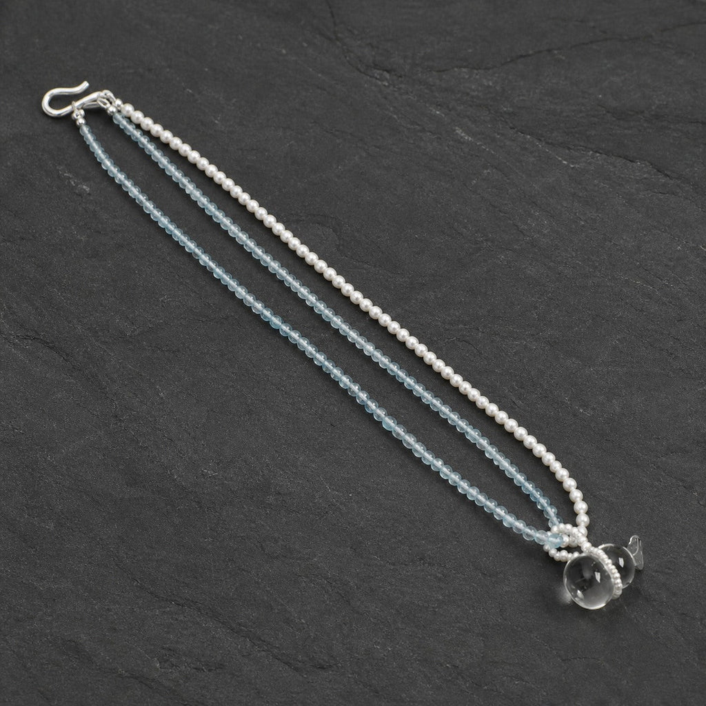 Clear Quartz & Aquamarine Necklace – Seed Bead, Sterling Silver — alternate angle showing necklace structure and clasp