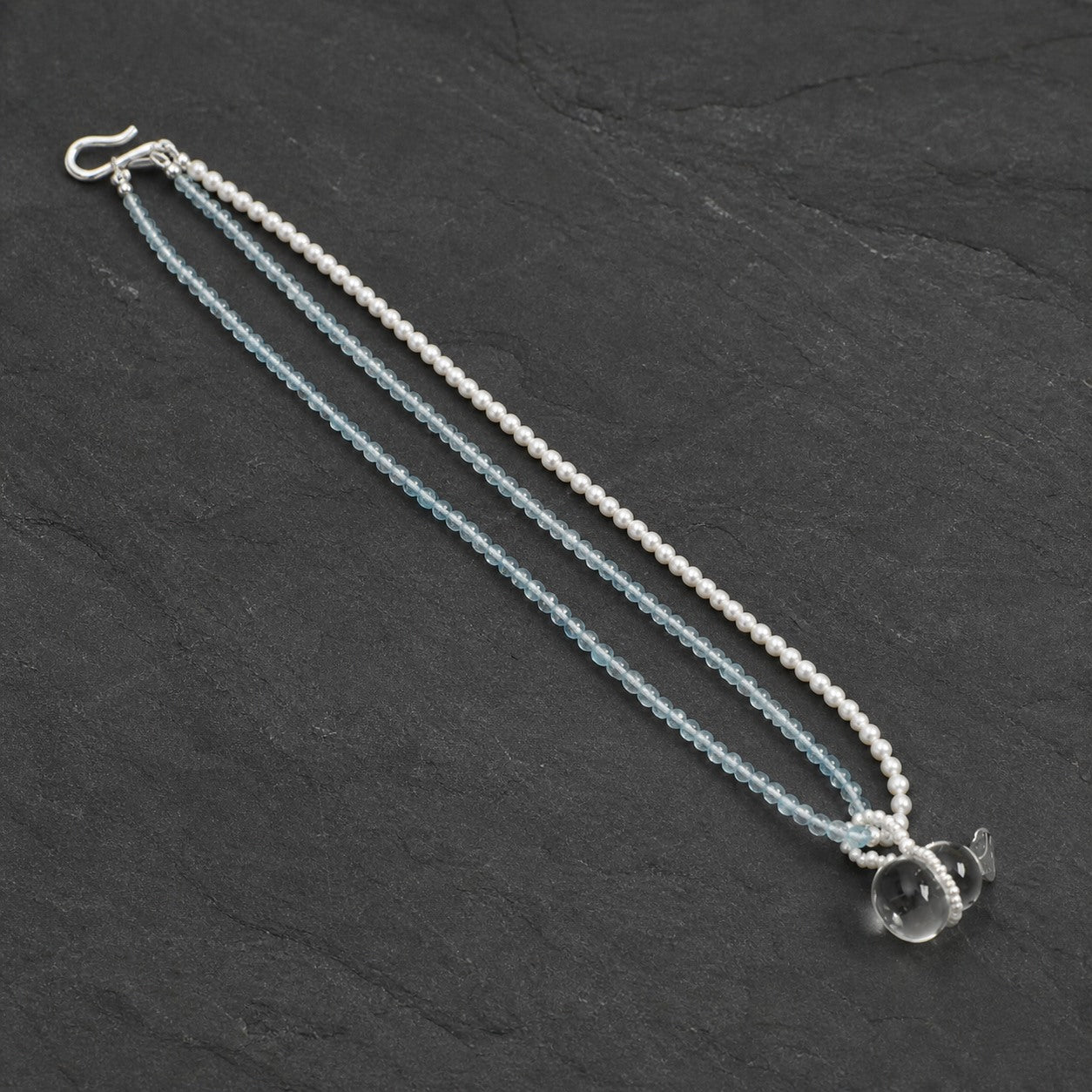 Clear Quartz & Aquamarine Necklace – Seed Bead, Sterling Silver — alternate angle showing necklace structure and clasp