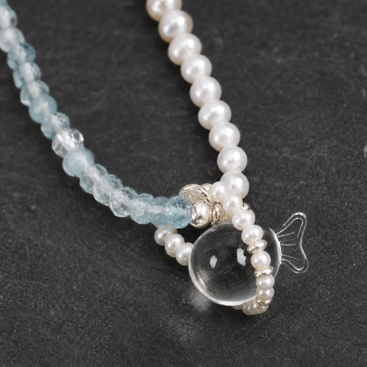 Clear Quartz & Aquamarine Necklace – Seed Bead, Sterling Silver — close-up showing stone, pearl and sterling silver details