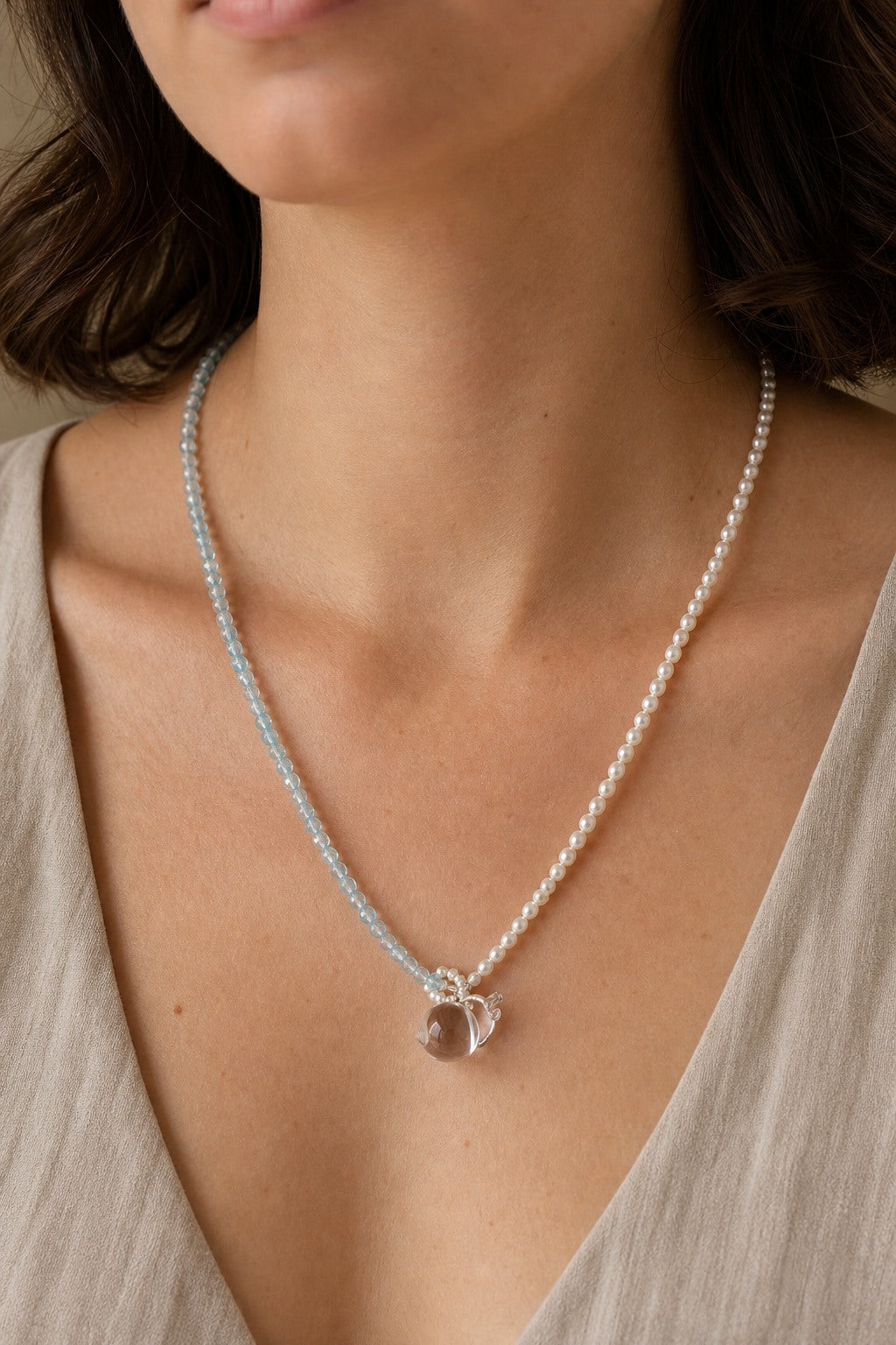 Clear Quartz & Aquamarine Necklace – Seed Bead, Sterling Silver — model wearing view showing necklace scale and fit