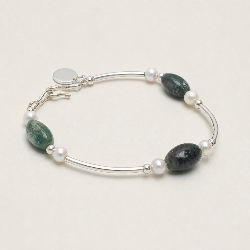 Dendritic Agate & Pearl Bracelet – Seed Bead, Sterling Silver — alternate angle showing bracelet structure and findings