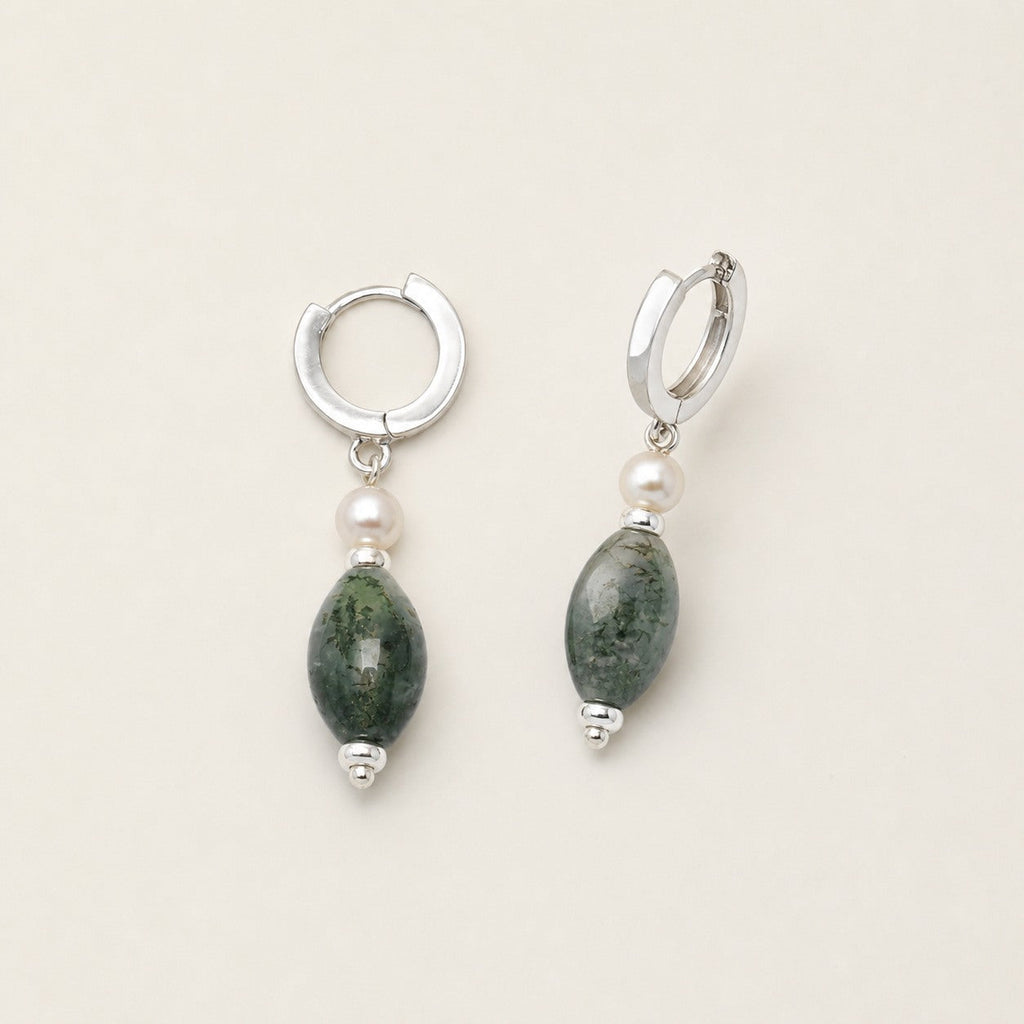 Dendritic Agate & Pearl Earrings – Seed Bead, Sterling Silver — alternate angle showing earrings structure and findings