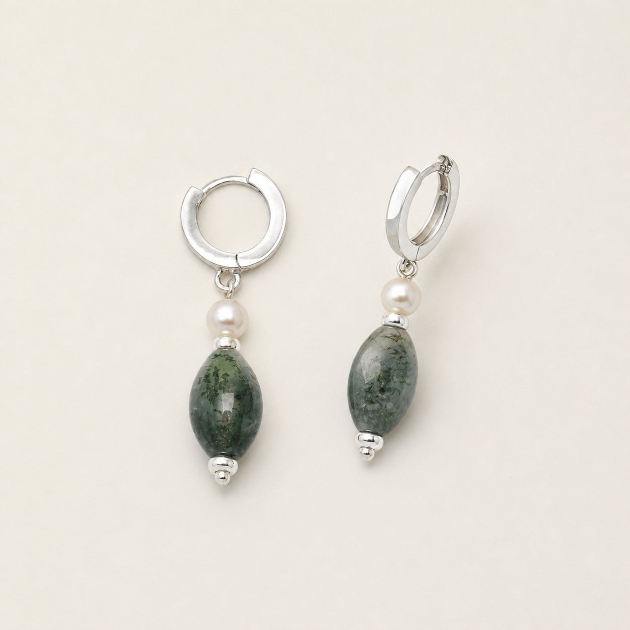 Dendritic Agate & Pearl Earrings – Seed Bead, Sterling Silver — alternate angle showing earrings structure and findings