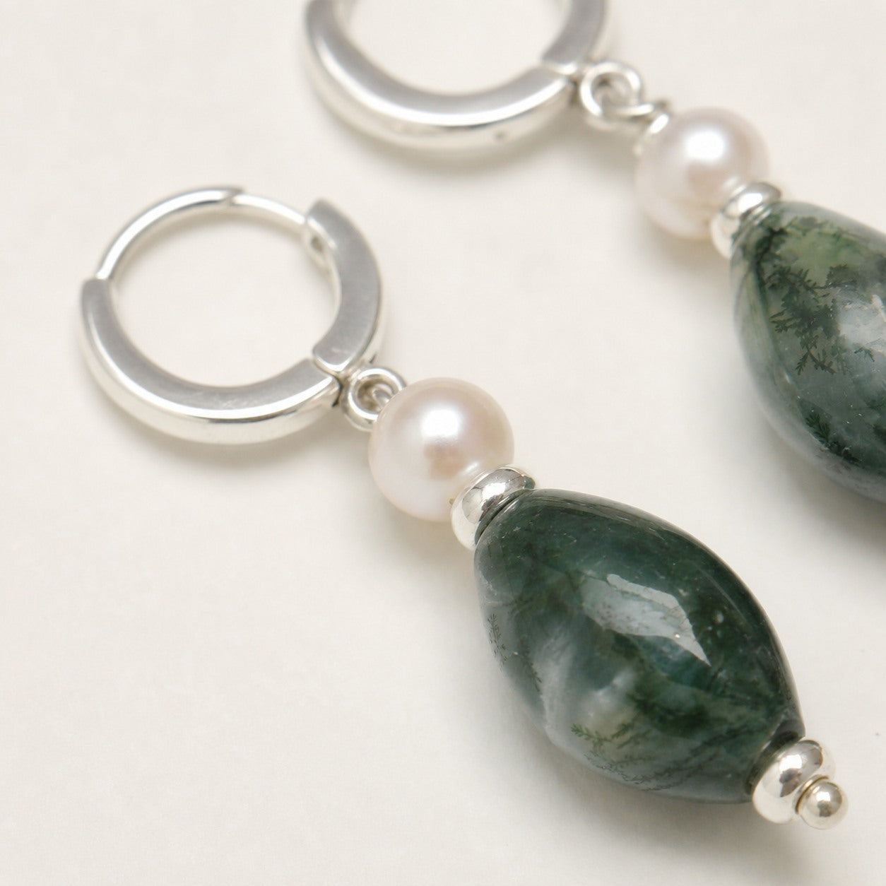 Dendritic Agate & Pearl Earrings – Seed Bead, Sterling Silver — close-up showing stone, pearl and sterling silver details