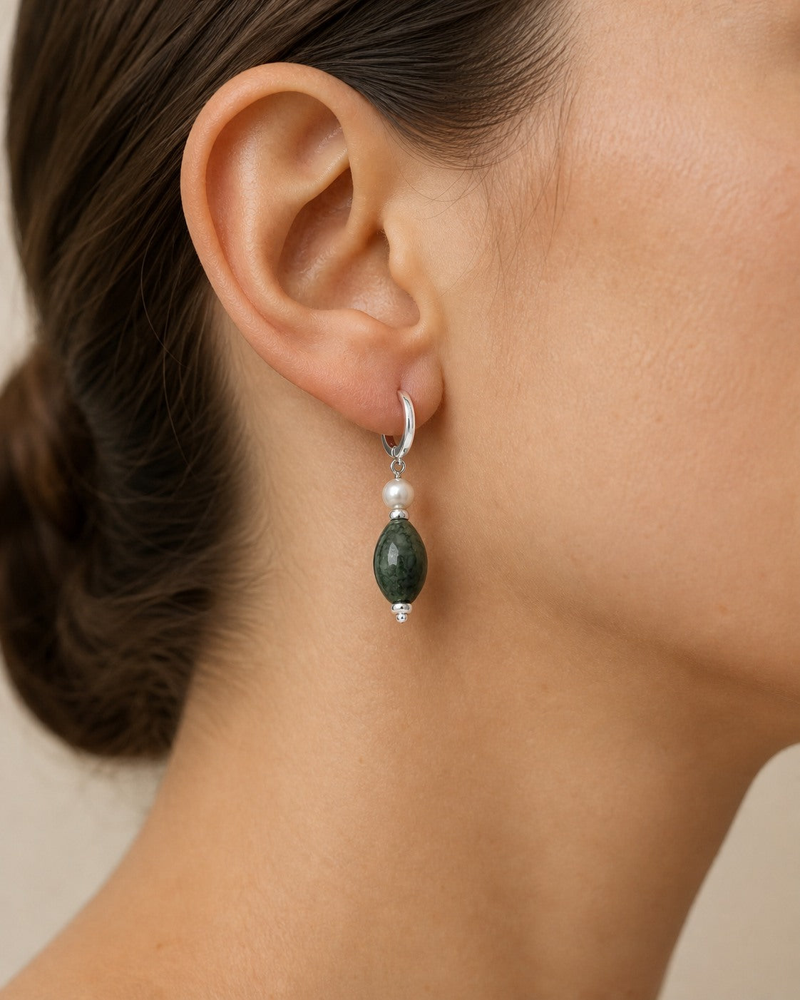 Dendritic Agate & Pearl Earrings – Seed Bead, Sterling Silver — model wearing view showing earrings scale and fit