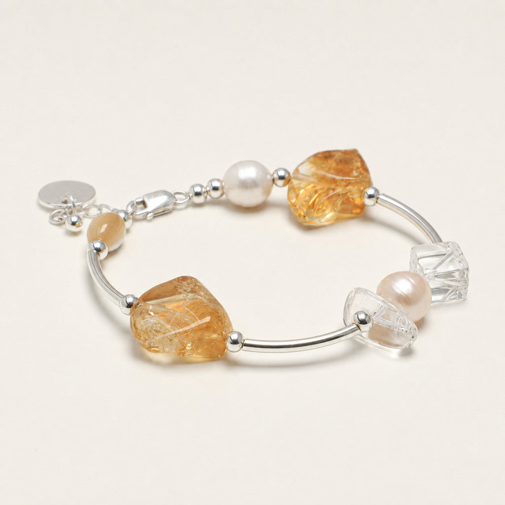 Clear Quartz & Freshwater Pearl Bracelet – Extender, Sterling Silver — alternate angle showing bracelet structure and clasp