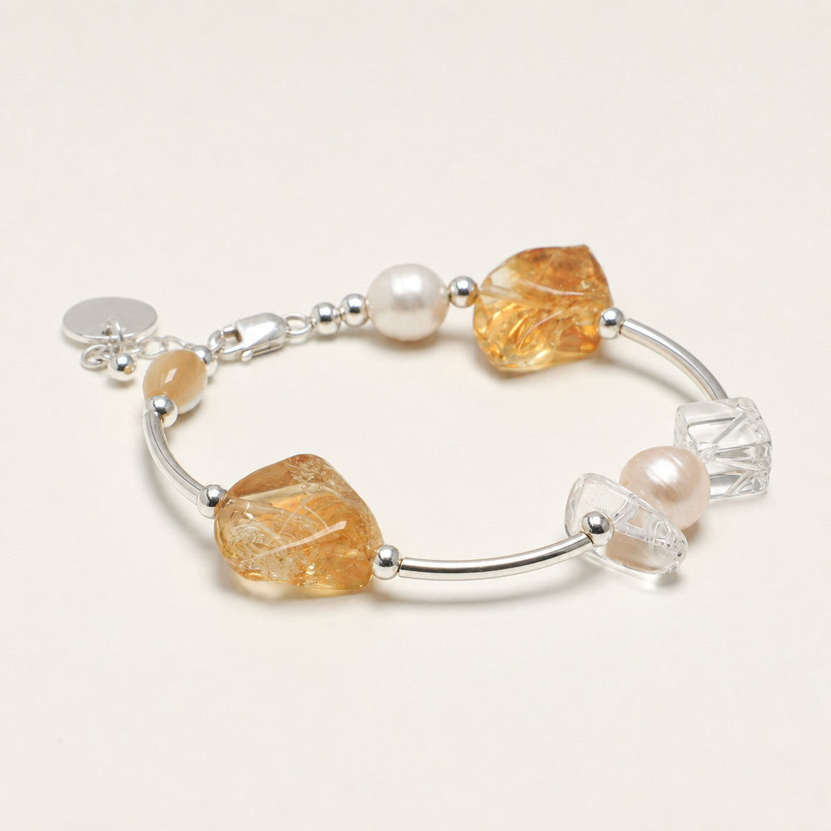 Clear Quartz & Freshwater Pearl Bracelet – Extender, Sterling Silver — alternate angle showing bracelet structure and clasp