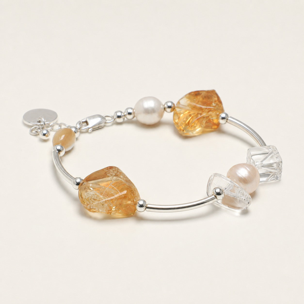 Clear Quartz & Freshwater Pearl Bracelet – Extender, Sterling Silver — alternate angle showing bracelet structure and clasp