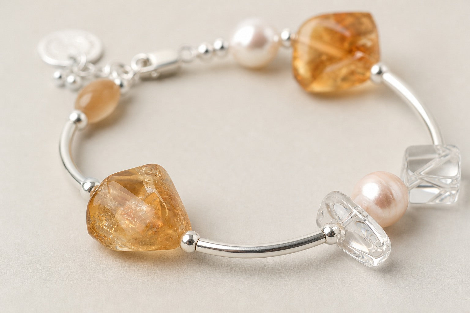 Clear Quartz & Freshwater Pearl Bracelet – Extender, Sterling Silver — close-up showing stone, pearl and sterling silver details