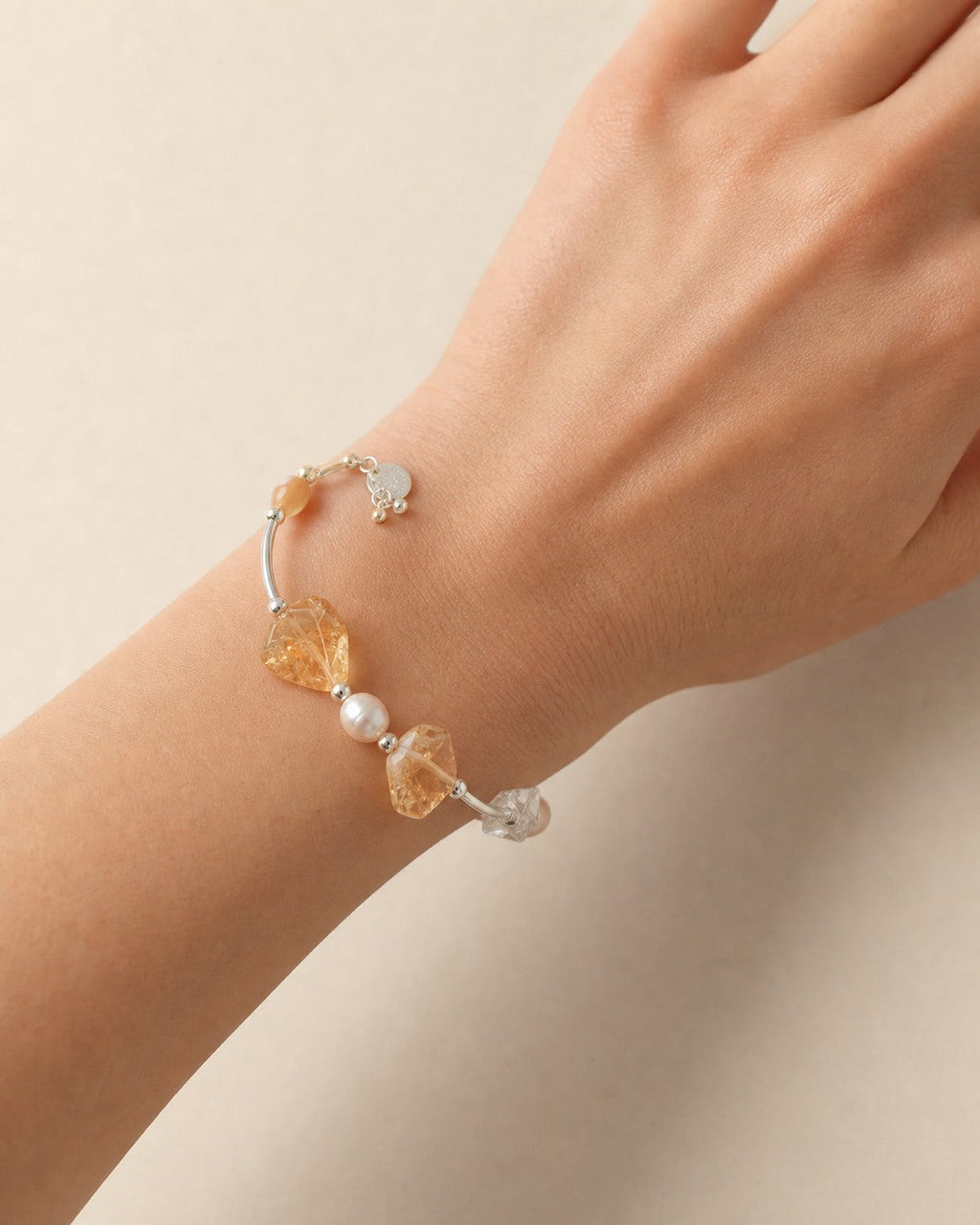 Clear Quartz & Freshwater Pearl Bracelet – Extender, Sterling Silver — model wearing view showing bracelet scale and fit
