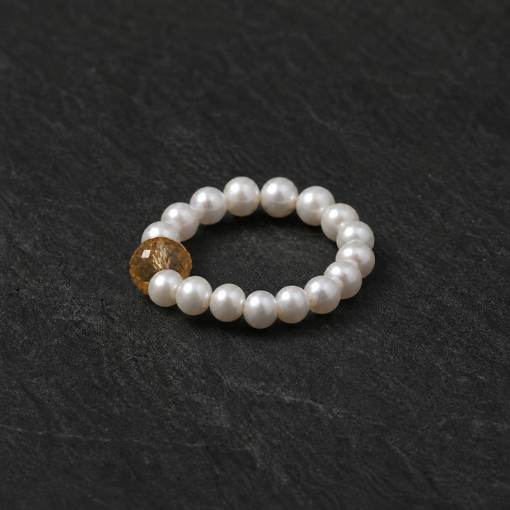 Citrine & Freshwater Pearl Ring – Earth Element — alternate angle showing the complete beaded ring structure