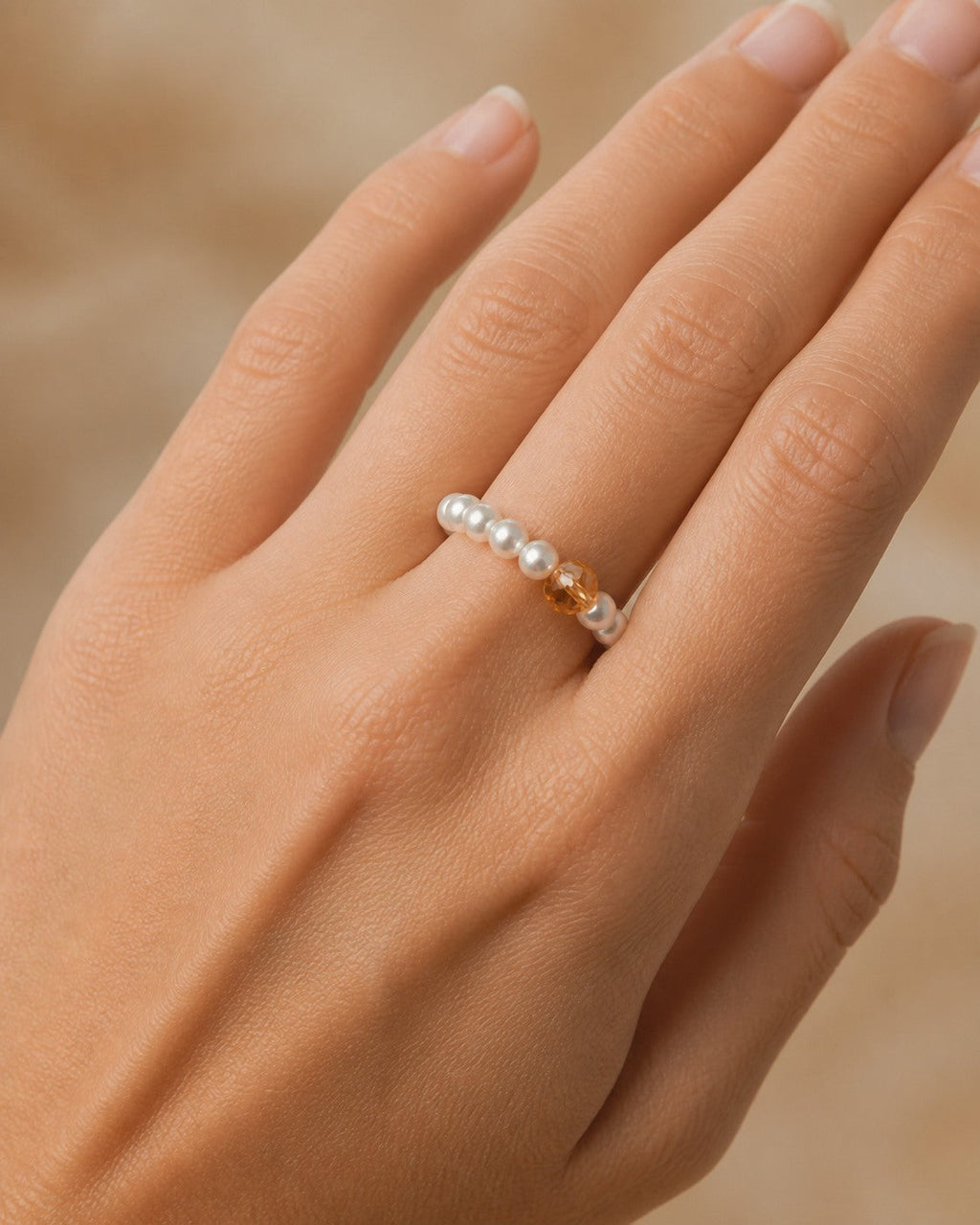 Citrine & Freshwater Pearl Ring – Earth Element — model wearing view showing ring scale and fit