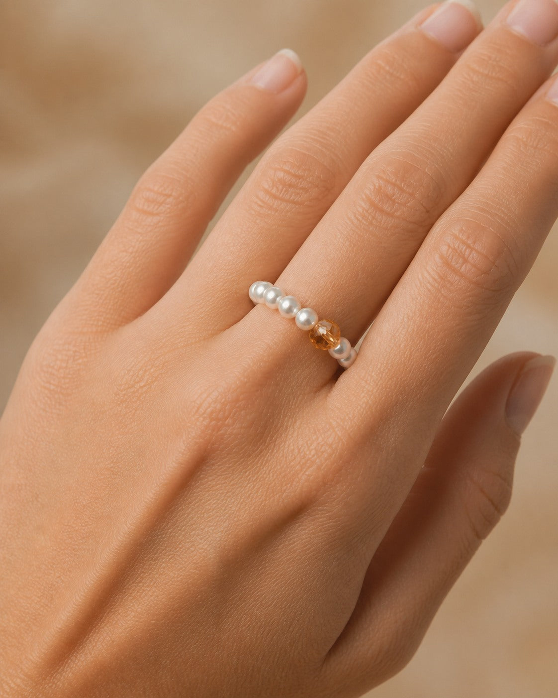 Citrine & Freshwater Pearl Ring – Earth Element — model wearing view showing ring scale and fit