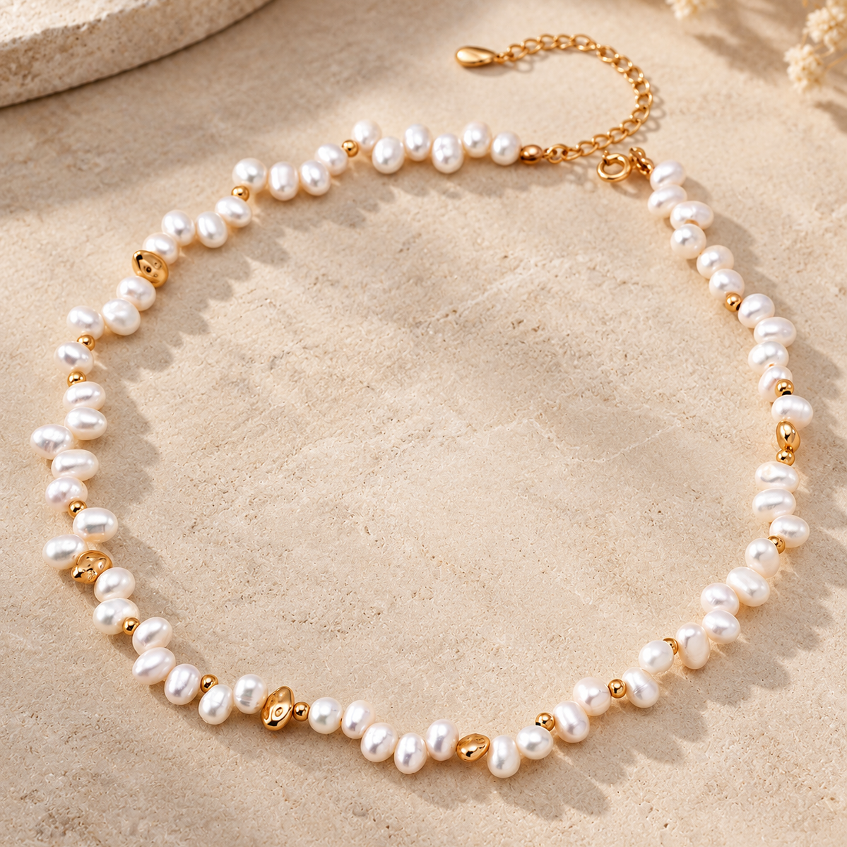 Irregular Pearl Necklace with Sculptural Gold-Tone Beads