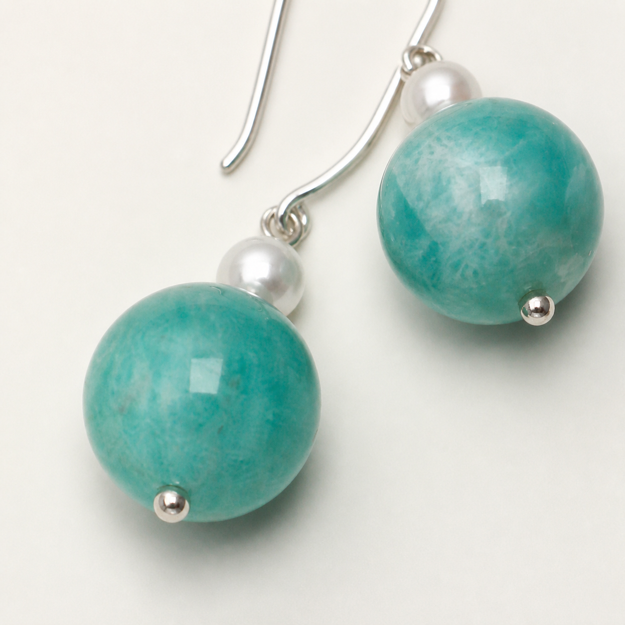 Amazonite & Freshwater Pearl Earrings macro detail