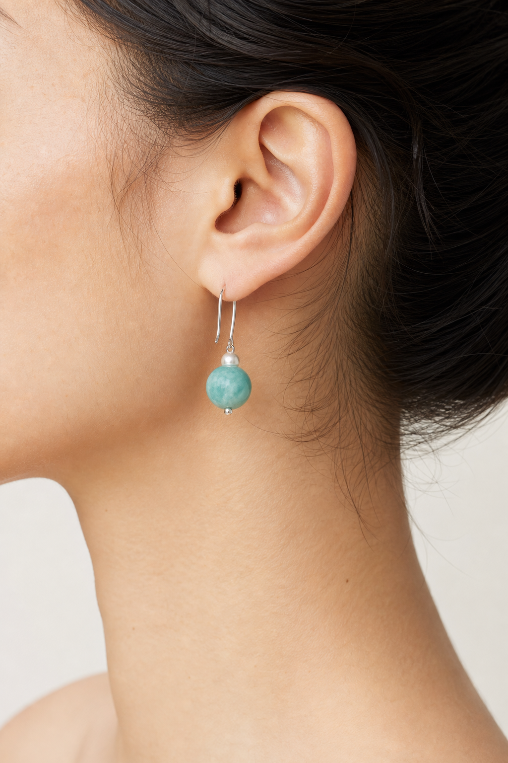 Amazonite & Freshwater Pearl Earrings worn on ear