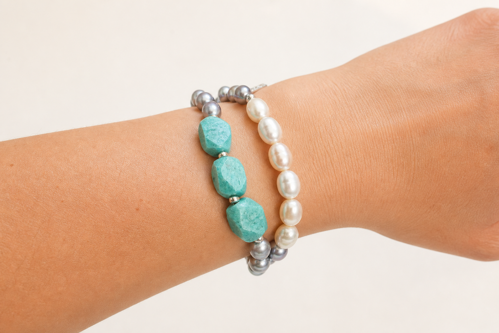 Amazonite & Grey Pearl Bracelet worn on wrist