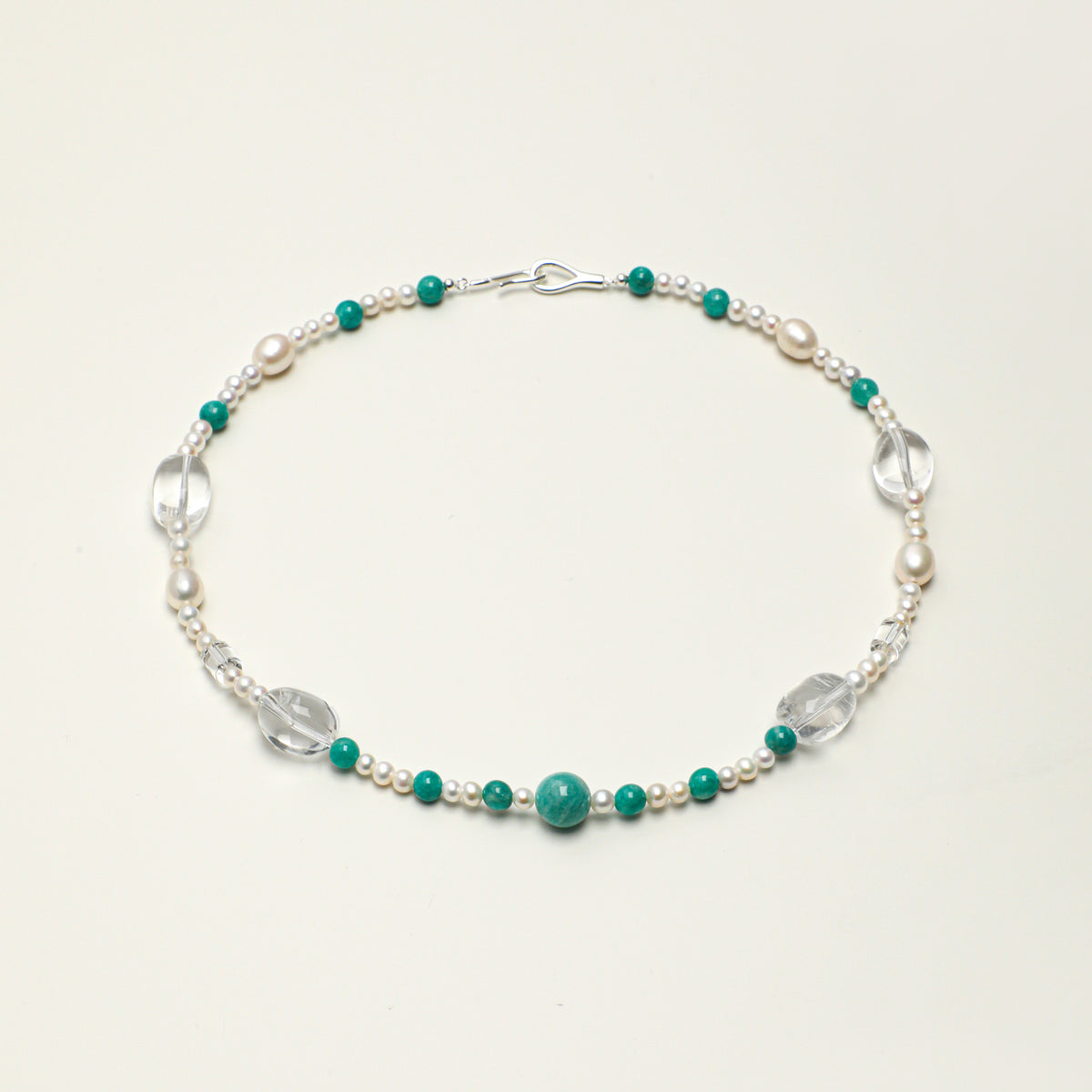 Amazonite, Clear Quartz & Pearl Necklace - Beaded Strand - product photograph