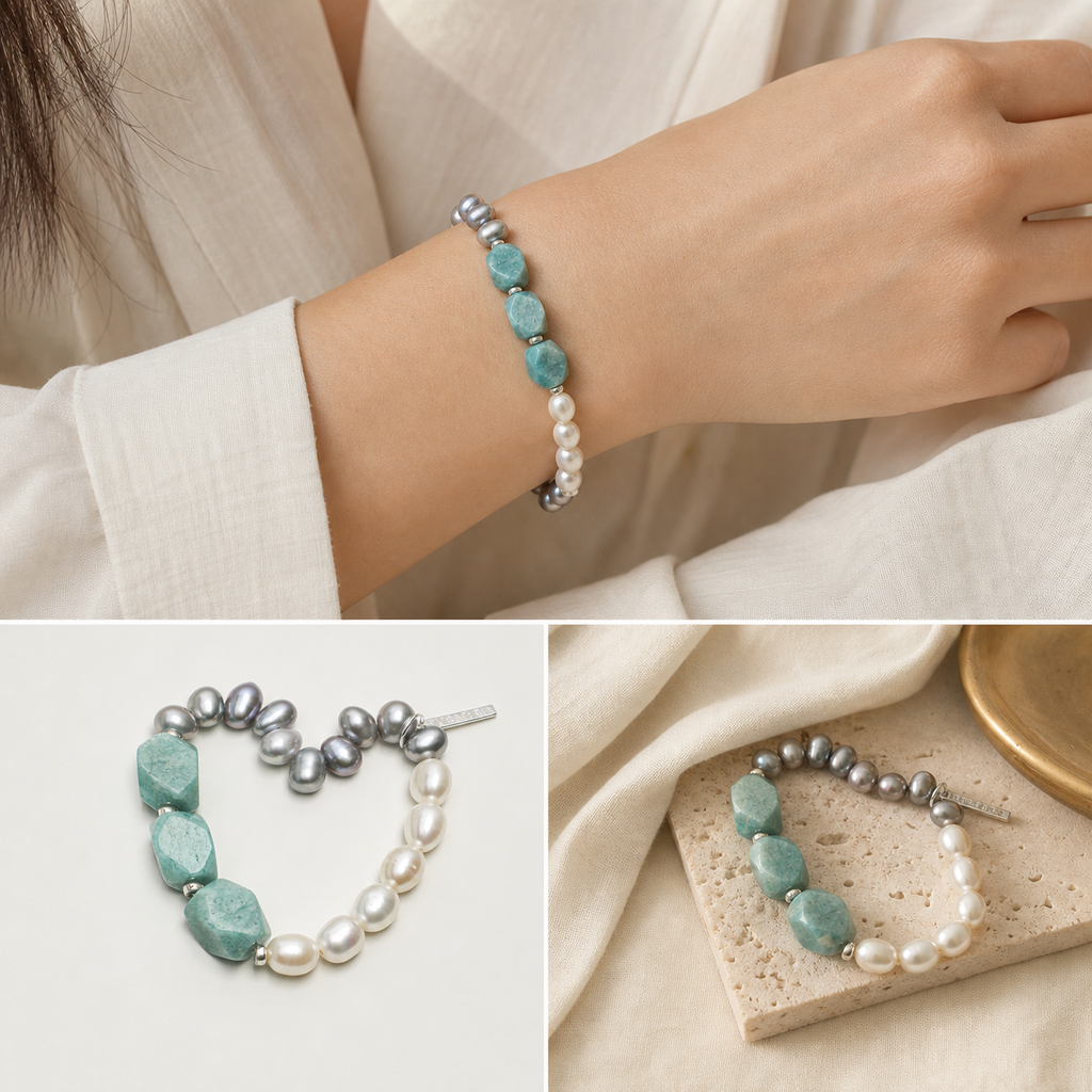 Amazonite Grey Freshwater Pearl Bracelet PS2508336 worn, macro detail and atmospheric scene