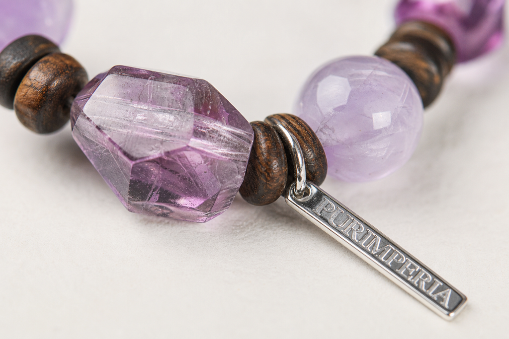 Amethyst & Agarwood Bracelet natural materials and silver workmanship close-up