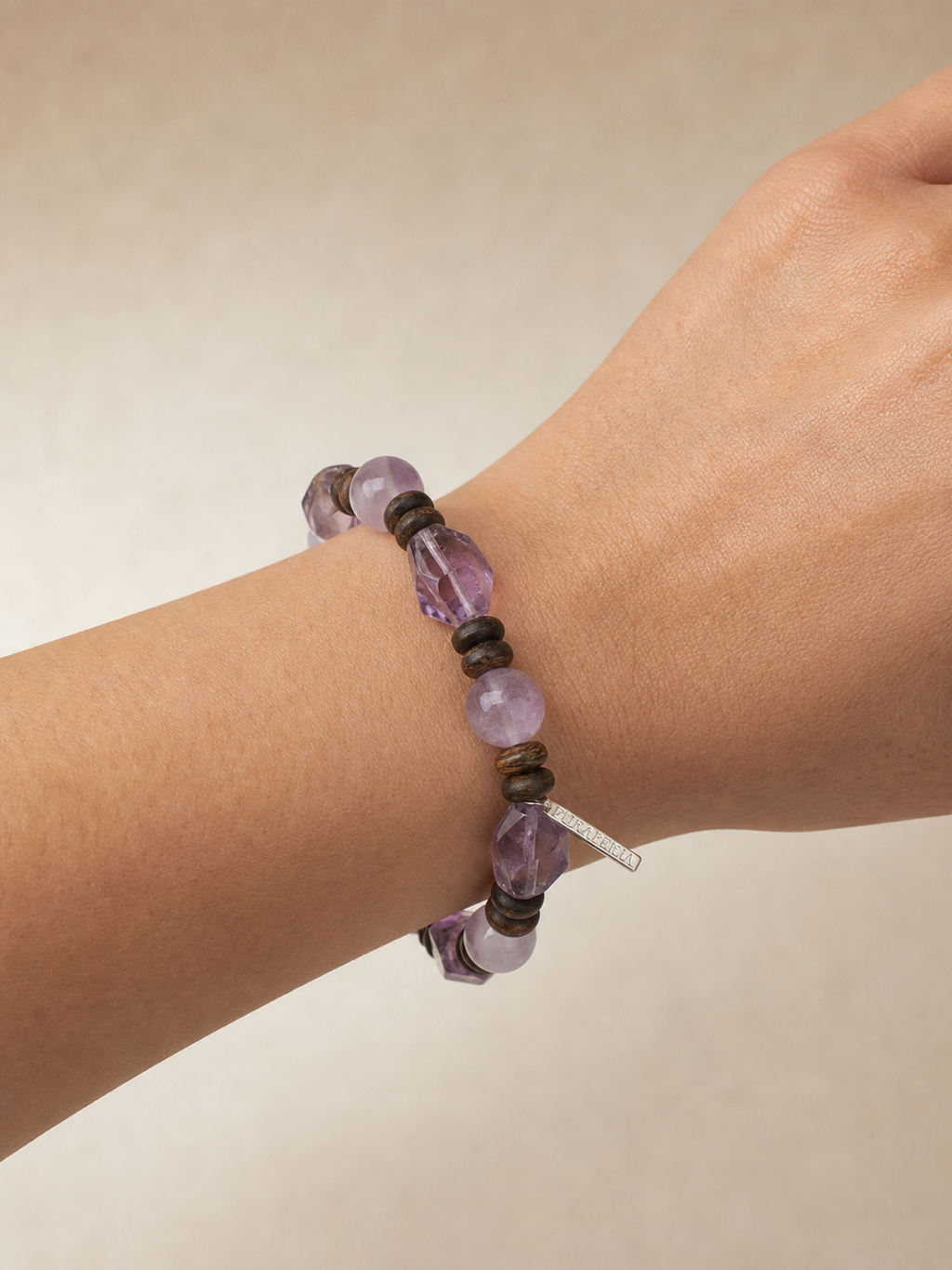 Amethyst & Agarwood Bracelet worn on model at realistic scale