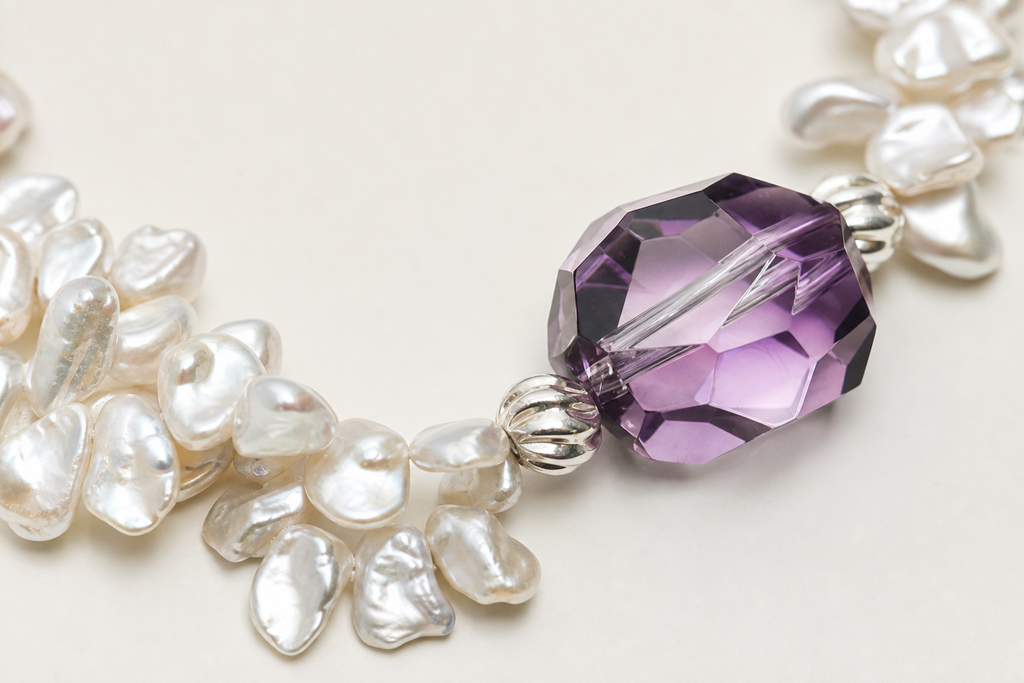 Amethyst & Baroque Pearl Bracelet natural materials and silver workmanship close-up