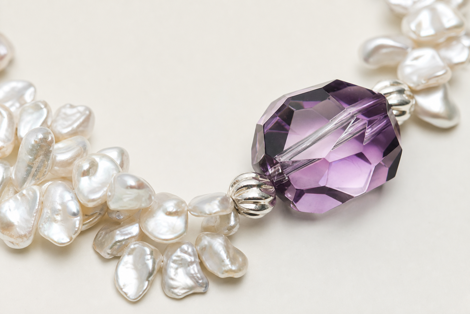 Amethyst & Baroque Pearl Bracelet natural materials and silver workmanship close-up