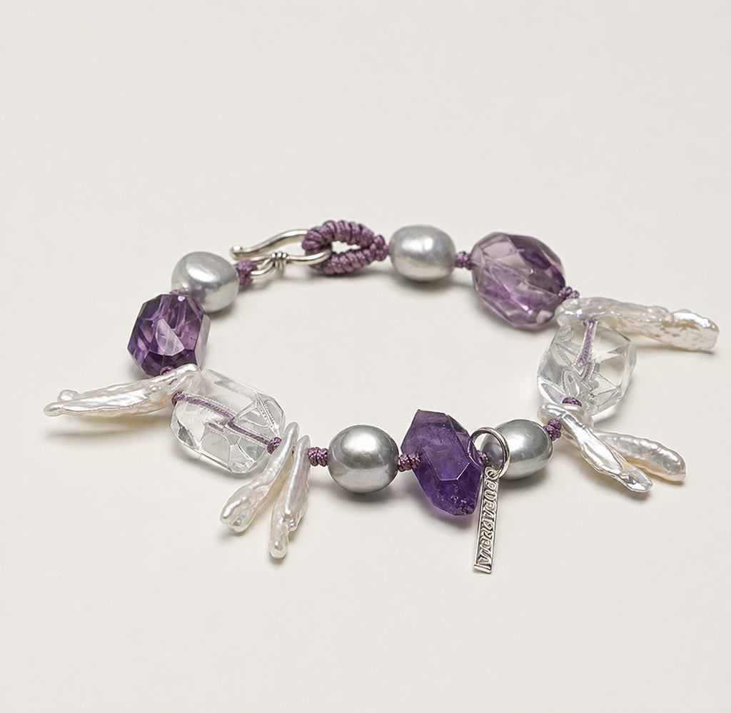 Amethyst & Clear Quartz Bracelet alternate angle showing overall construction