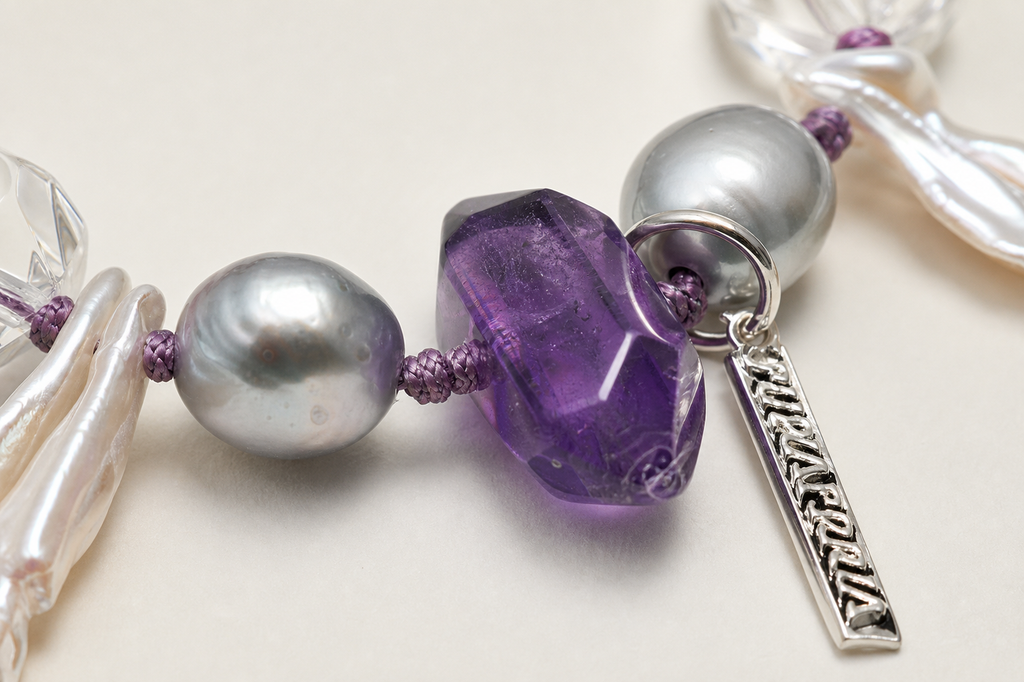 Amethyst & Clear Quartz Bracelet natural materials and silver workmanship close-up