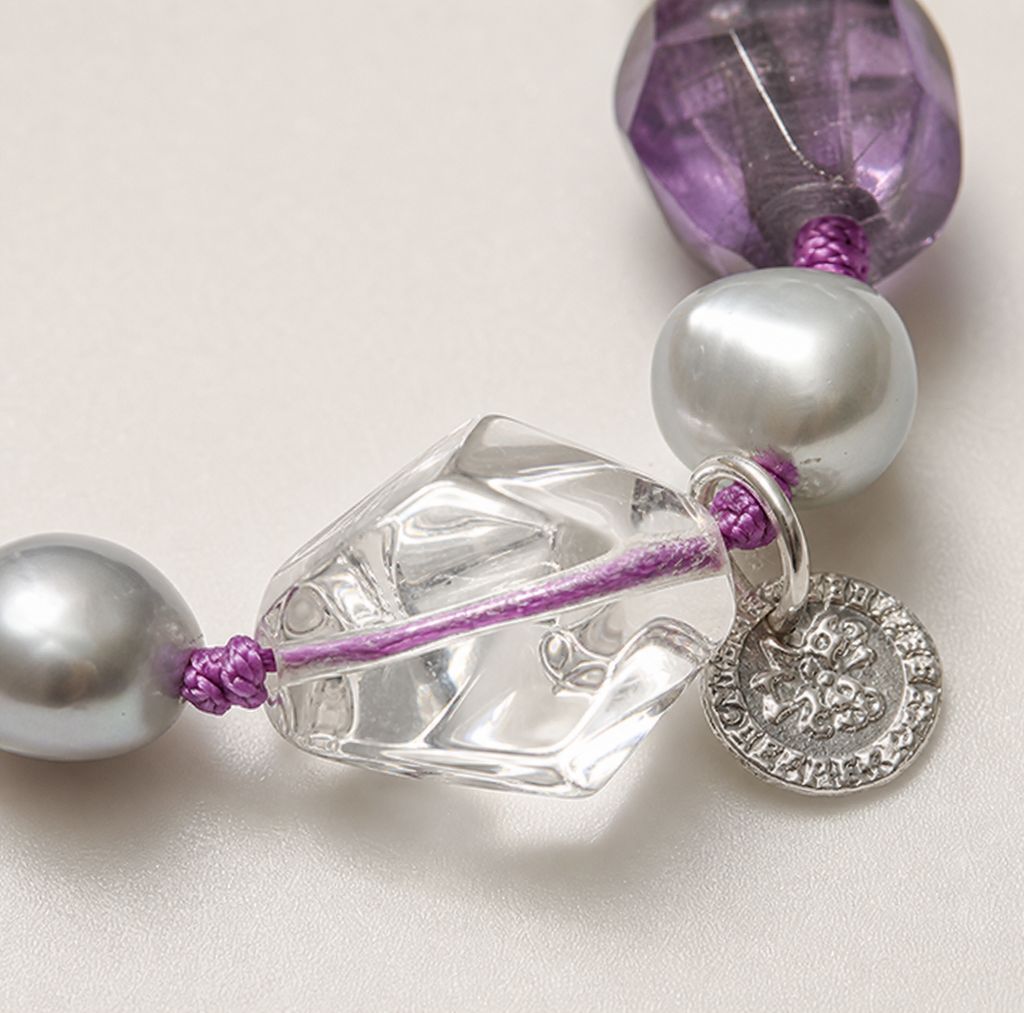 Amethyst & Clear Quartz Bracelet natural materials and silver workmanship close-up